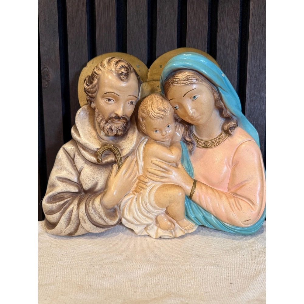 Vintage Chalkware Religious Christmas Mary Jesus Joseph Wall Plaque - 11" x 10"